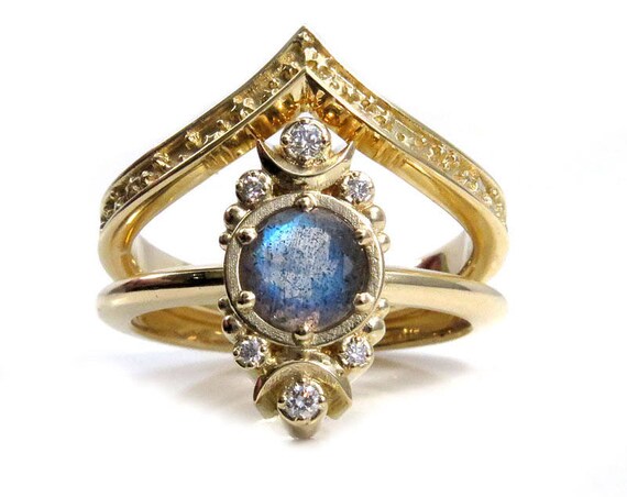 Gold Moon and Stardust Chevron Engagement Ring Set - Labradorite and Diamond Modern Celestial Wedding Jewelry