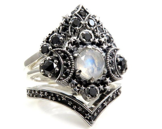 Gothic Moonstone Cosmos Moon Engagement Ring Set - Sterling Silver and Black Diamonds