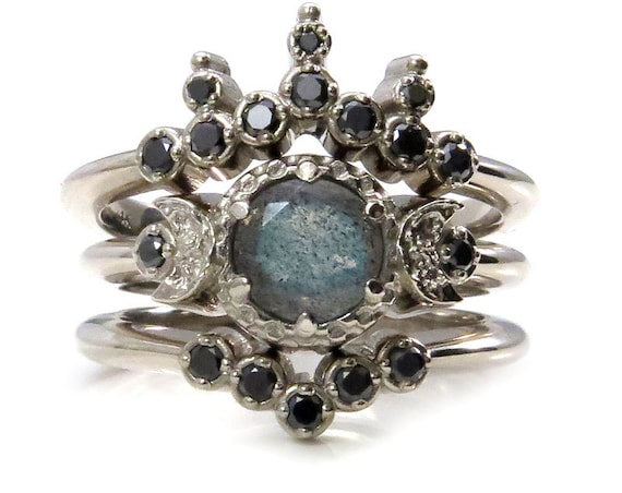 Queen of the Night Labradorite Engagement Ring Set with Nesting Black Diamond Wedding Bands