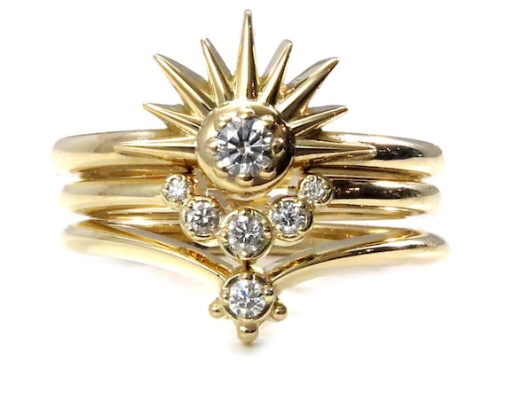 Sun Moon and Stars Stacking Ring Set - Sunburst with Diamond and Crescent Moon Engagement Rings