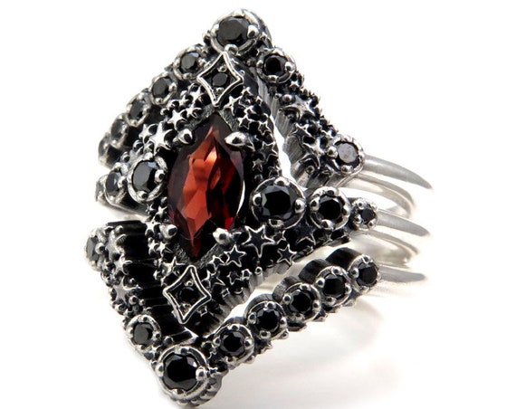 Garnet Marquise Constellation Engagement Ring Set with Black Diamonds - Pick Your Center Stone
