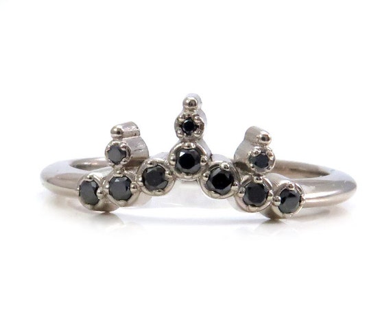 Black Diamond Starburst Crown Stacking Ring - 14k White, Rose or Yellow Gold Wedding Band