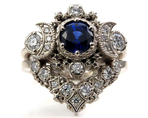 Chatham Sapphire and Diamond Cosmos Engagement Ring Set - Moon Engagement Ring with Stardust Wedding Band