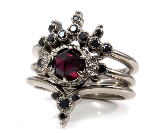 Blood Moon Gothic Engagement Ring Set - Rose Cut Garnet with Black Diamond Side Bands - Triple Moon Goddess