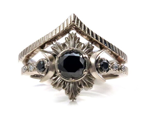 New Moon Gothic Black Diamond Engagement Ring Set - Black Diamonds with Chevron Wedding Band