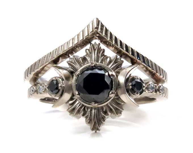 New Moon Gothic Black Diamond Engagement Ring Set - Black Diamonds with Chevron Wedding Band