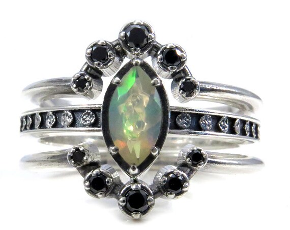 Opal Moon Phase and Black Diamond Constellation Engagement Ring Set - Celestial Wedding Rings
