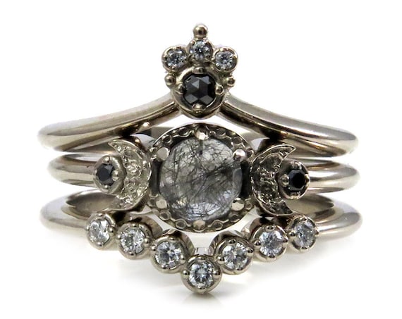 Celestial Goth Engagement Ring Set - Black Rutile Quartz Moon Engagement Ring with Nesting Wedding Bands