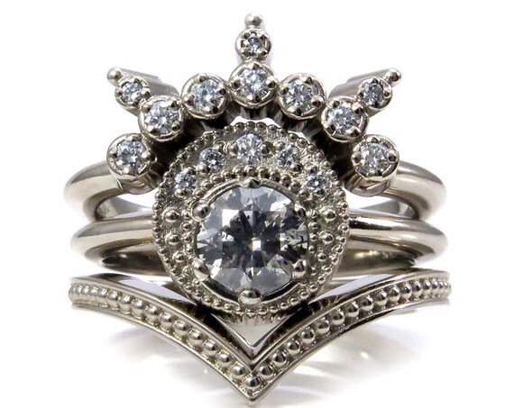 Moon Priestess Grey and White Diamond Moon Engagement Ring Set - 14k White Gold