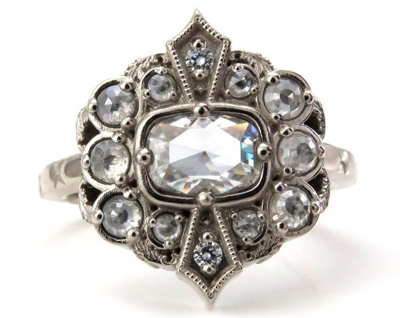 Ready to Ship Size 6 - 8 - Art Deco Rose Cut Antique Cushion Moissanite Ring with Rose Cut Gray Diamond Halo - 14k Palladium White Gold