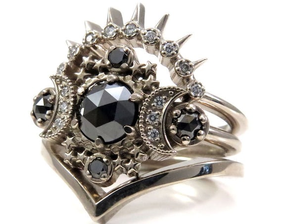 Cosmos Moon Engagement Ring 3 Ring Set with Black & White Diamonds - Gothic Celestial Wedding Set - 14k Gold