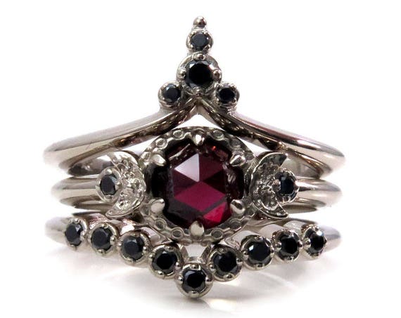 Temple of the Harvest Moon - Rose Cut Garnet and Black Diamond Gothic Moon Phase Engagement Ring Set