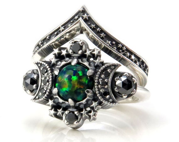 Black Lab Opal Cosmos Moon Engagement Ring Set - Sterling Silver with Black Diamonds - Lunar Gothic Jewelry