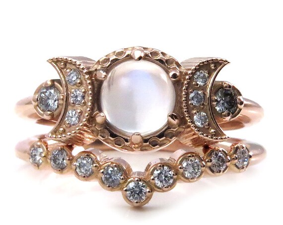 Cosmic Moon Mistress Engagement Ring Set - Diamonds and Moonstone Moon Phase Wedding Rings