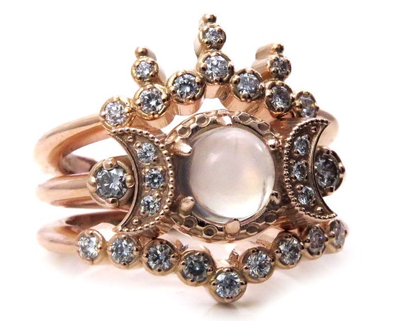 Moon Mystic Engagement Ring Set - Moonstone and Diamond Celestial Triple Moon Phase Wedding