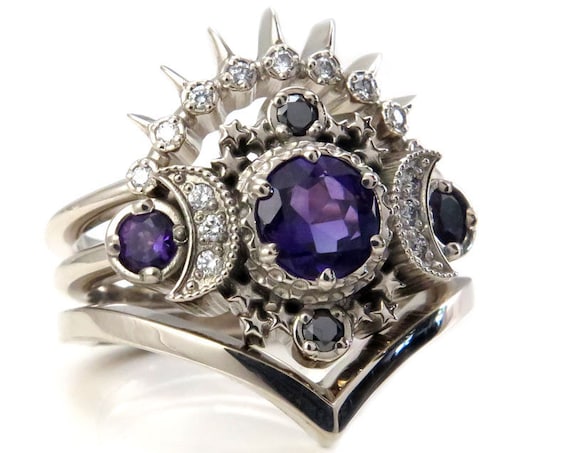 Amethyst & Diamond Cosmos Lunar Engagement Ring Set - Triple Moon and Star Wedding Rings