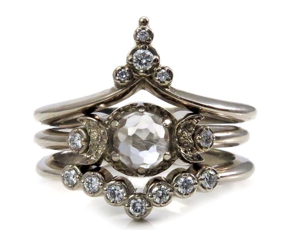 Starlight Sanctuary Engagement Ring Set - Rose Cut White Topaz and Diamonds Celestial Stacking Gold Rings
