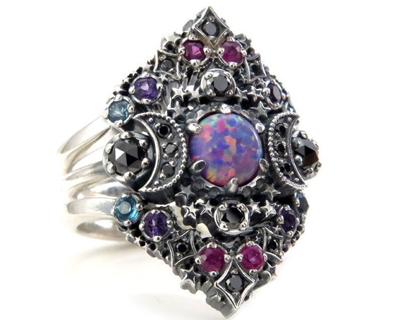 Purple Lab Opal Cosmos Nebula Moon and Star Ring Set - Sterling Silver with Black Diamonds and Double Stardust Chevrons