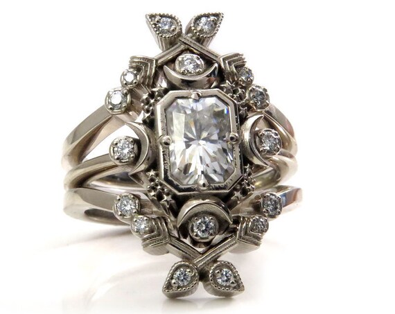 HUNTRESS - Emerald Cut Artemis Moon Engagement Ring with Moissanite and Diamonds - Arrow Wedding Band Set