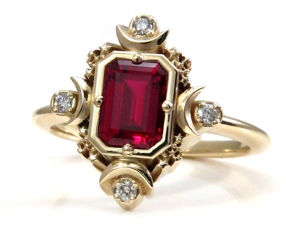 Step Emerald Cut Chatham Ruby Artemis Moon Engagement Ring with Diamonds - Moon and Stars Wedding