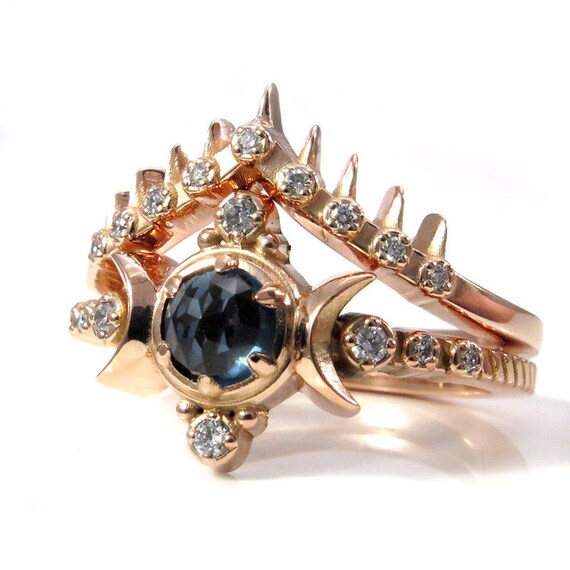 London Blue Topaz Compass Moon Engagement Ring Set with Spiked Diamond Crown Wedding Band - 14k Rose Gold Jewelry