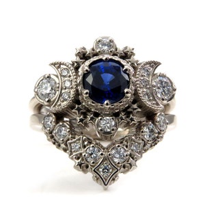 Lab Sapphire Cosmos Engagement Ring Set, Natural Diamond Celestial Moon Ring, Stardust Chevron Wedding Band Ethical Gemstone Cosmic Galaxy