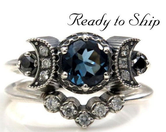 Ready to Ship Size 6 - 8- Hecate Triple Moon Engagement Ring Set - London Blue Topaz - Sterling Silver with Silver Galaxy and Black Diamonds