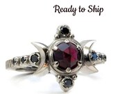 Ready to Ship - Size 4-6 - Gothic Garnet Compass Moon Engagement Ring with Black Diamonds
