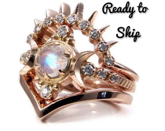 Blood Moon Goddess Engagement Ring Set With Black Diamond Etsy
