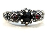 Ready to Ship Size 6-8 - Silver Steampunk Engagement Ring - Rose Cut Black Spinel and Rose Cut Red Garnets