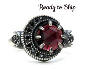 Ready to Ship - Size 6 - 8 Garnet Blood Moon Ring - Sterling Silver Jewelry with Black Diamonds