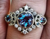 Selene Moon Goddess Ring - Chatham Alexandrite with Black and White Diamonds - 14k Palladium White Gold