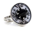 Onyx and Sterling Silver Witch Hat Ring with Bats, Moons and Stars - Limited Edition