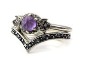Amethyst Moon and Stars Sterling Silver Engagement Ring Set with Black Diamonds