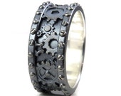 Sandblasted Gray Silver Gear Ring with Rivets - Industrial Steampunk Mens Ring