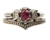 Moon Phase Engagement Ring with Garnet and Black Diamonds with Millgrain Chevron Wedding Band