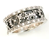 SteamPunk Mens Silver Ring - Gears and Rivets - Industrial Steam Punk - Handmade Gear Ring