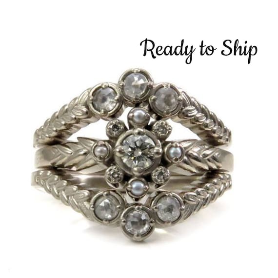 Ready to Ship Size 6-8 - Sage and Sweetgrass Diamond Engagement Ring Set - Champagne and Grey Diamond Botanical Jewelry
