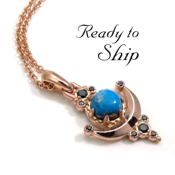 Ready to Ship - Ithaca Peak Turquoise Moon Anchor Pendant with Black Diamonds - 14k Rose Gold