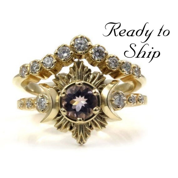 Ready to Ship Size 6 - 8 - Morganite and Diamond Engagement Ring Set - 14k Yellow Gold Ceremonial Jewelry