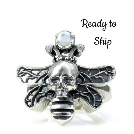 Ready to Ship Size 6 - 8 Moth Man Ring - Sterling Silver with Moonstone Orb - Large Cocktail Ring