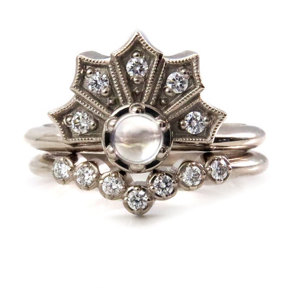 Diamond Crown Engagement Ring Set with Moonstone and Diamond V Stacking Band - Modern Art Deco 14k Palladium White Gold