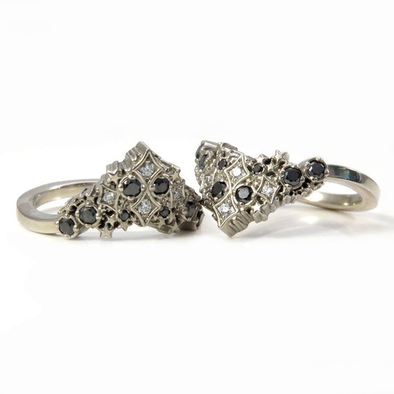 Diamond Stardust Wedding Band - Boho Celestial Side Band with Black or White Diamonds