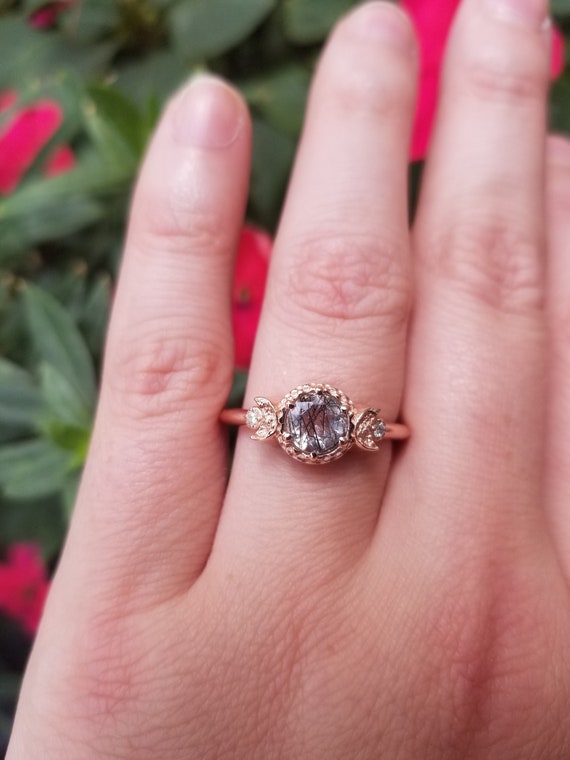 Ready to Ship Size 7 - 9 - Tourmalated Quartz Moon Goddess Engagement Ring - Rose Gold with Icey Diamonds