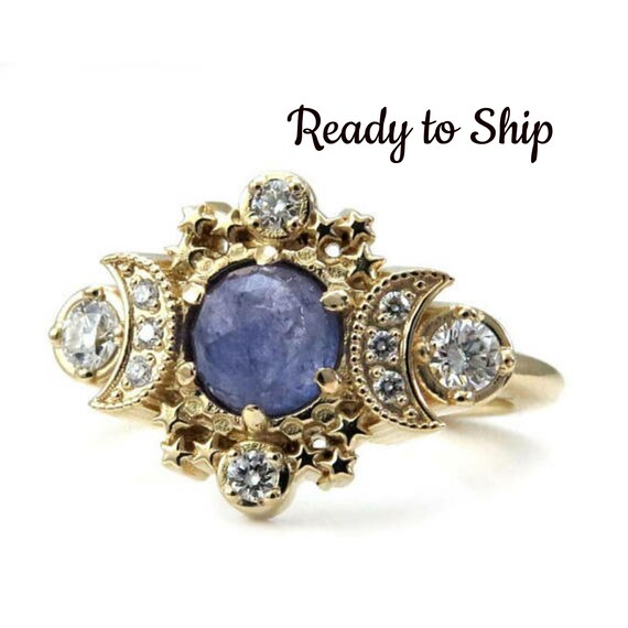 Ready to Ship Size 6-8 - Rustic Rose Cut Tanzanite Cosmos Engagement Ring - Moon and Star Diamond Ring