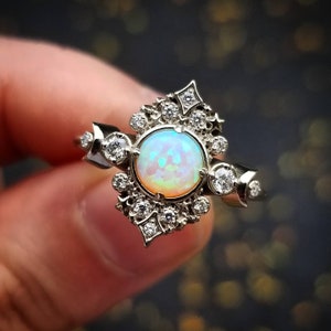 White Lab Opal Galaxie Engagement Ring - 14k Palladium White Gold - Black or White Diamond Sides - Moon Phase Wedding Ring