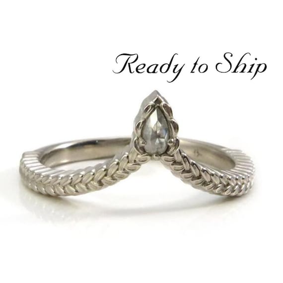 Ready to Ship Size 6 - 8 - Sage Leaf Chevron with Natural Rose Cut Gray Galaxy Pear Diamond - 14k Palladium White Gold