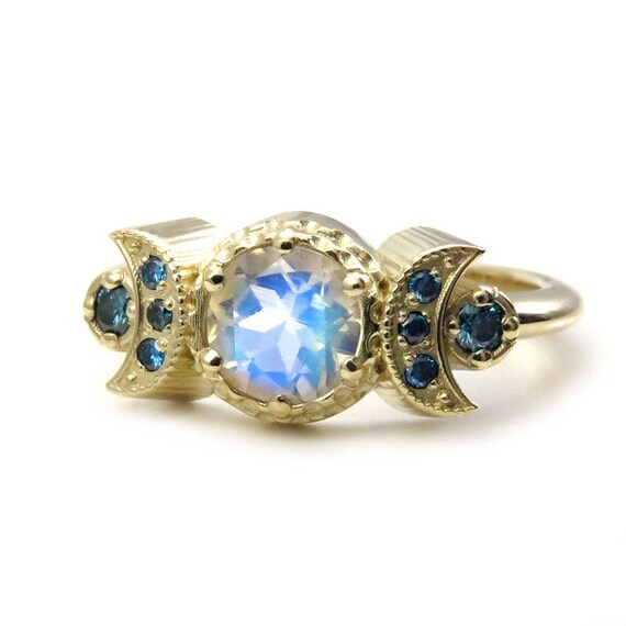 Hecate Moonstone Moon Engagement Ring with Irradiated Blue Diamonds - 14k Yellow Gold - Limited Edition