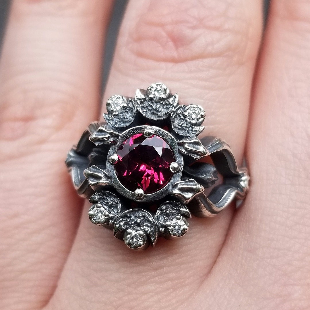 Gothic Snake and Crescent Moon Engagement Ring - Rhodolite Garnet and Silver Galaxy Diamonds