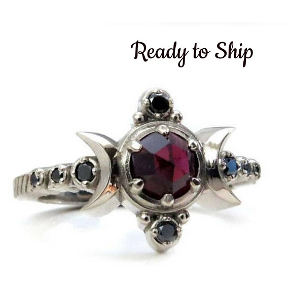 Ready to Ship - Size 4-6 - Gothic Garnet Compass Moon Engagement Ring with Black Diamonds